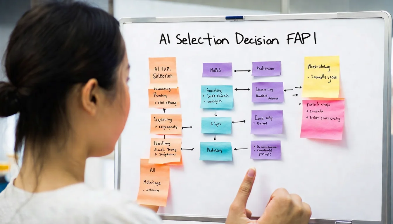Decision flowchart for AI API selection on a whiteboard