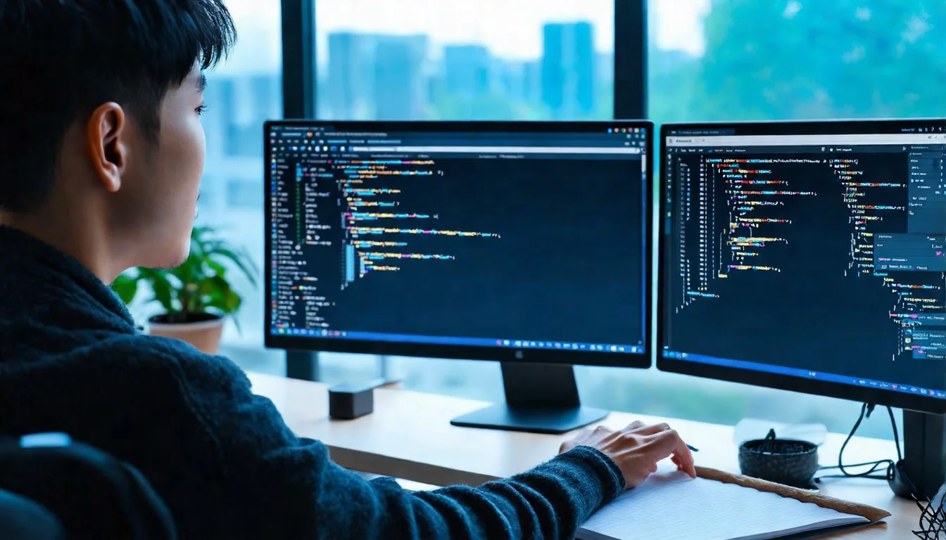 An Asian male developer sitting at a dual-monitor workstation, left monitor showing browser tabs with different AI API platform consoles, right monitor showing a code editor, with a notebook of comparison notes on the desk