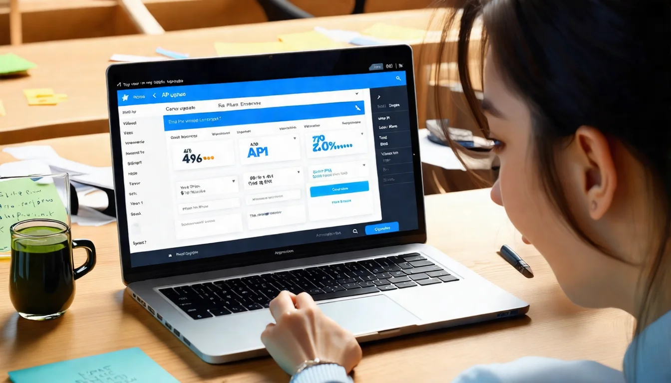 An Asian female entrepreneur sitting in a co-working space, laptop screen showing API platform upgrade page with different plan pricing cards, hand hovering over the upgrade button, sticky notes and green tea on the desk
