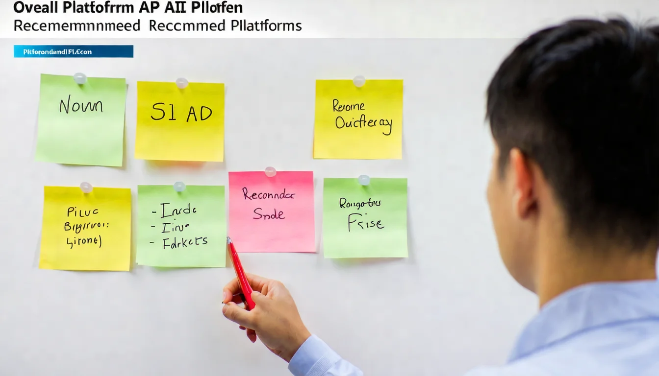 Office whiteboard with 8 colorful sticky notes, each with an AI API platform name and features, title in upper left reading "Free AI APIs," an Asian male tech lead circling the recommended three with a red marker