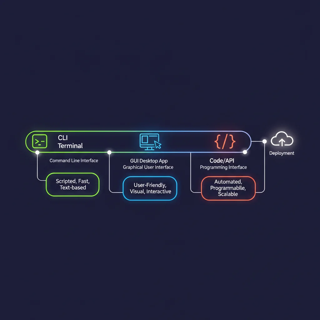 Three deployment paths compared — CLI, GUI, and API