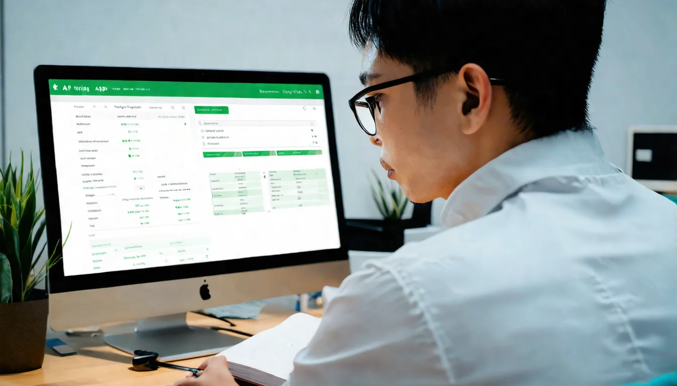 A male developer with glasses sitting at a desk, browsing the OpenAI pricing page on screen, with pricing cards visible for different models, a notebook and highlighter on the desk