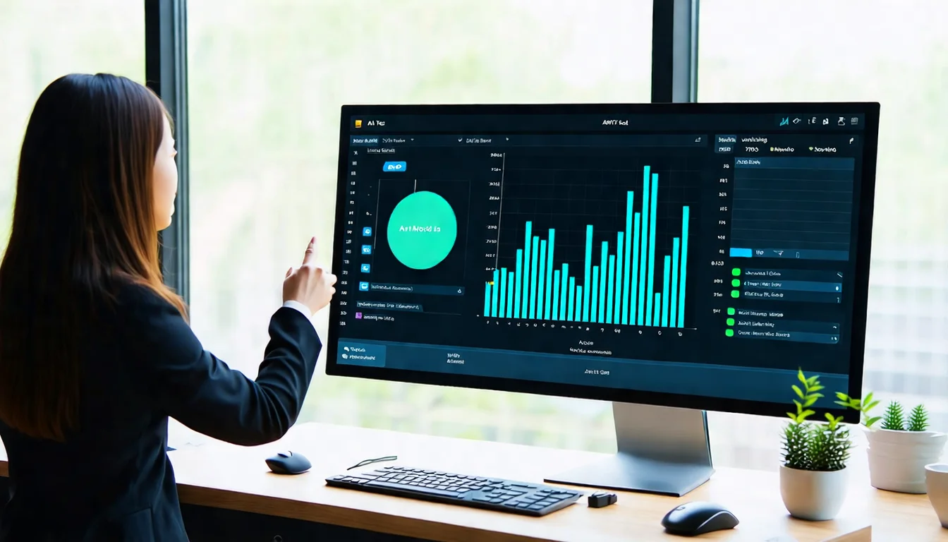 A widescreen monitor showing A/B test results, with two models' test results on left and right sides, bar chart comparisons in the middle, and a female engineer pointing at specific data on screen