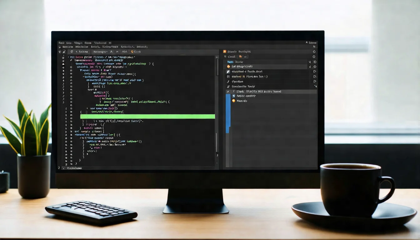 Computer screen showing VS Code editor, Python code on the left, terminal window showing API batch processing progress bar on the right, with black coffee and a calculator on the desk